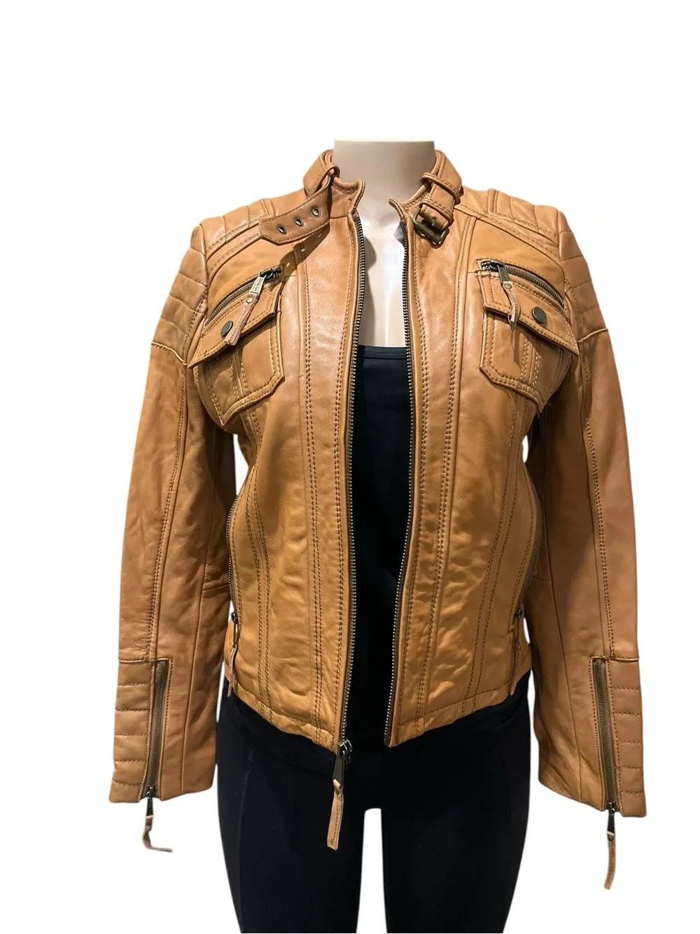 Michael Kors Cognac Leather Moto Jacket with Snap Collar
